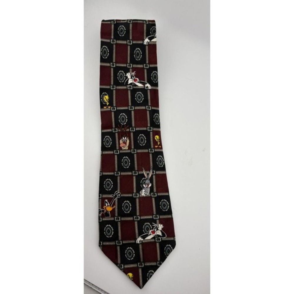 Vintage 1997 Looney Tunes Six Flags Silk Tie Burgundy Black Bugs Bunny Daffy Taz
